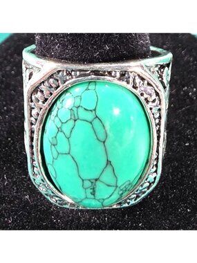 Silver-Tone Ring blue green southwest statement Swirl Size 7.75 fashion jewelry